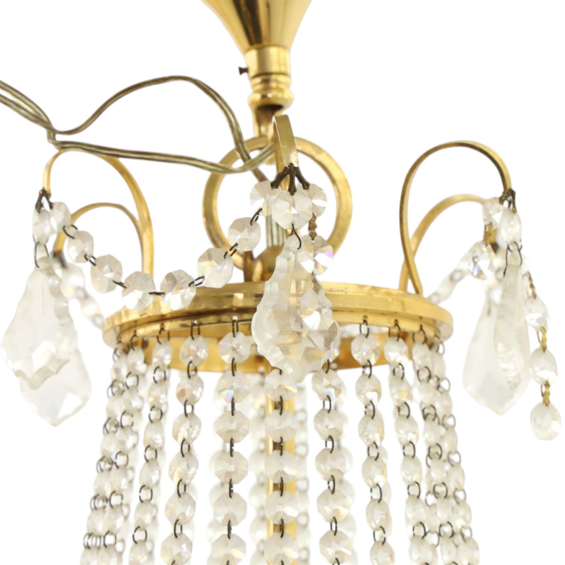 Art Deco style set of two chandeliers, brass and beaded glass, (H 60cm, Di 60cm) (H 75cm, Di 62cm) 
