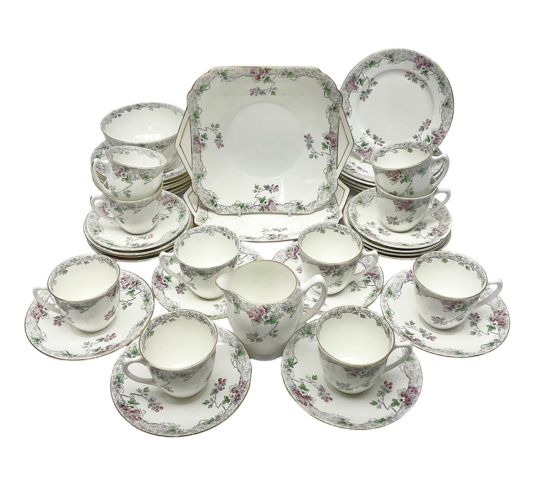 Shelley Bramble Rose pattern tea service, comprising milk jug, open sucrier, ten cups and twelve saucers, twelve dessert plates and two cake plates (38)