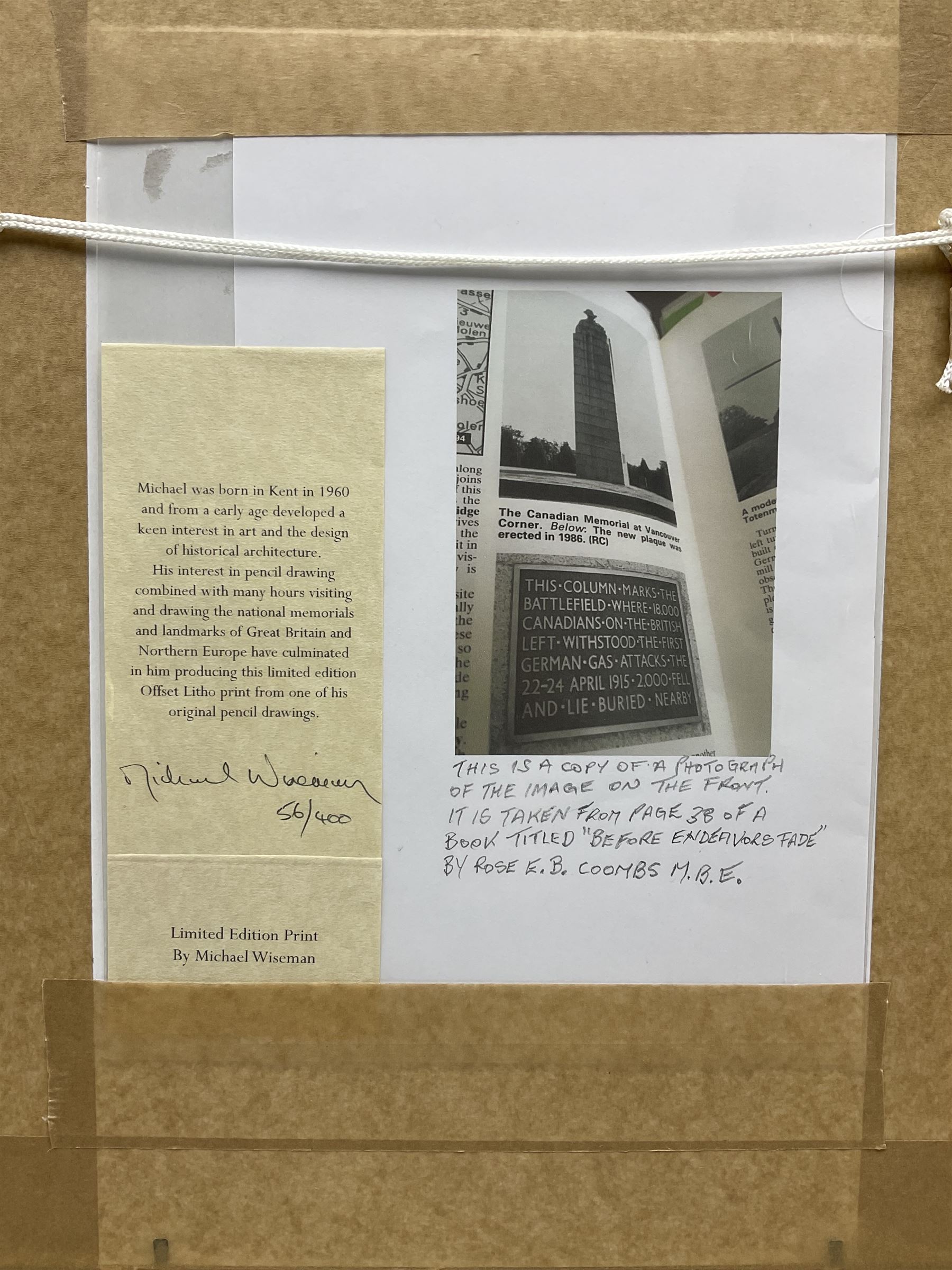 Michael Wiseman (Kent 1960-): 'The Brooding Soldier - Canadian Memorial', limited edition print signed titled and numbered 56/400, biographical details verso, 28cm x 19cm; gilt frame