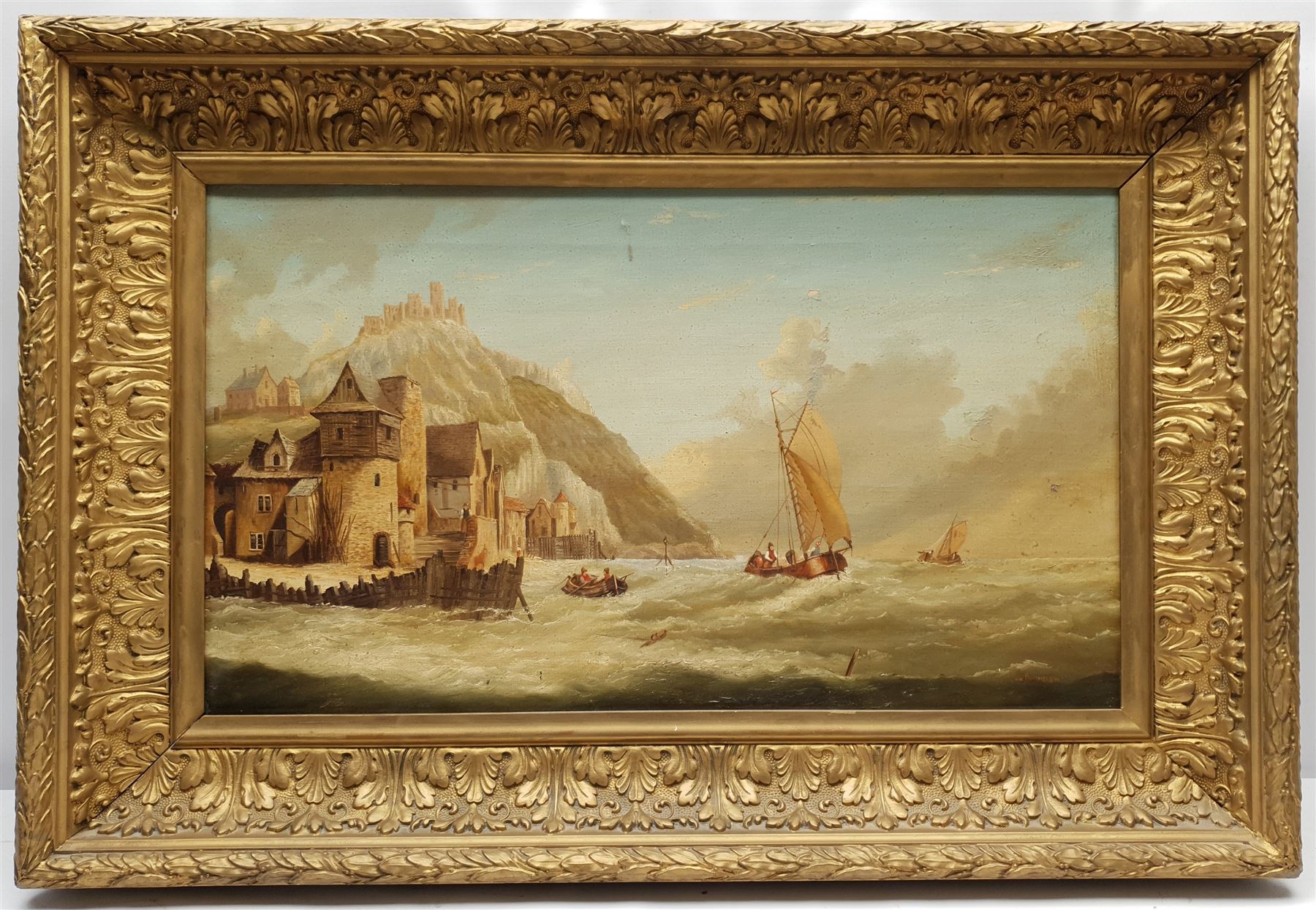 Jan Dommersen (Dutch 19th century): Ships off a Coastal Castle, oil on canvas signed 34cm x 59cm