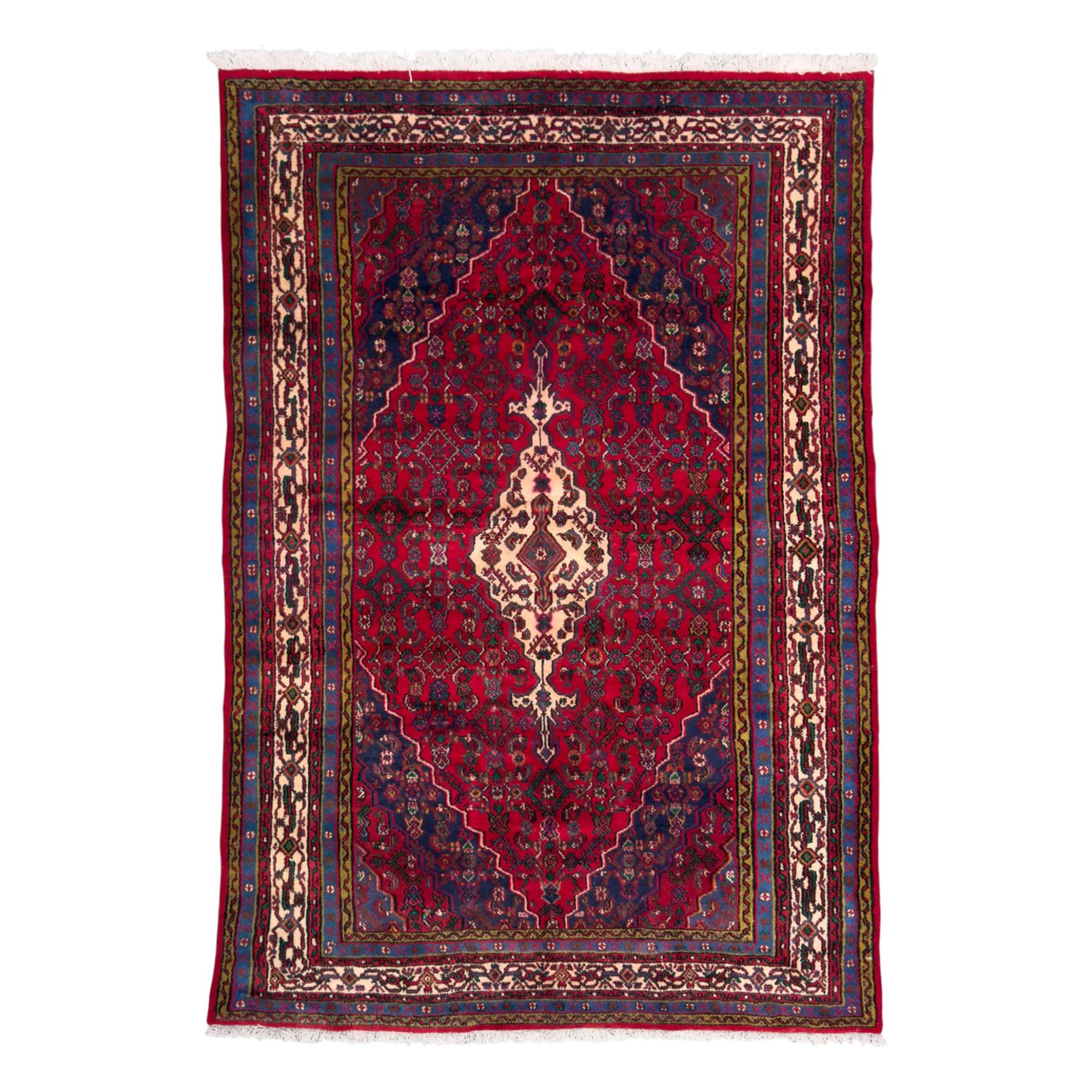 Northwestern Persian Hamadan hand-knotted rug, madder red field with a lozenge medallion enclosing an ivory centrepiece, indigo spandrels within an ivory border of stylized floral motifs between multiple guard borders 