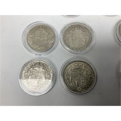 Six Queen Victoria halfcrown coins dated two 1887, two 1889, 1896, 1897 and nine King George V halfcrowns dated 1911, 1912, 1914, two 1915, 1916, 1917, 1918, 1919 (15)