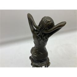 Art Deco style bronze figure of a lady seated on a stool, with foundry mark, H28cm
