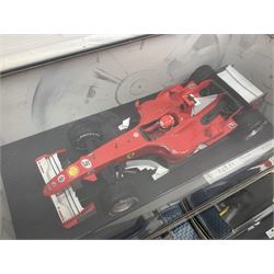 Five Mattel Hot Wheels 1:18 scale die-cast racing cars - Ferrari 248F1 Michael Schumacher, Renault F1 Team R25 Fernando Alonso, Williams F1 Team Williams FW28 Mark Webber, Jordan 199 Damon Hill and Williams F1 Team BMW; all boxed (5)
