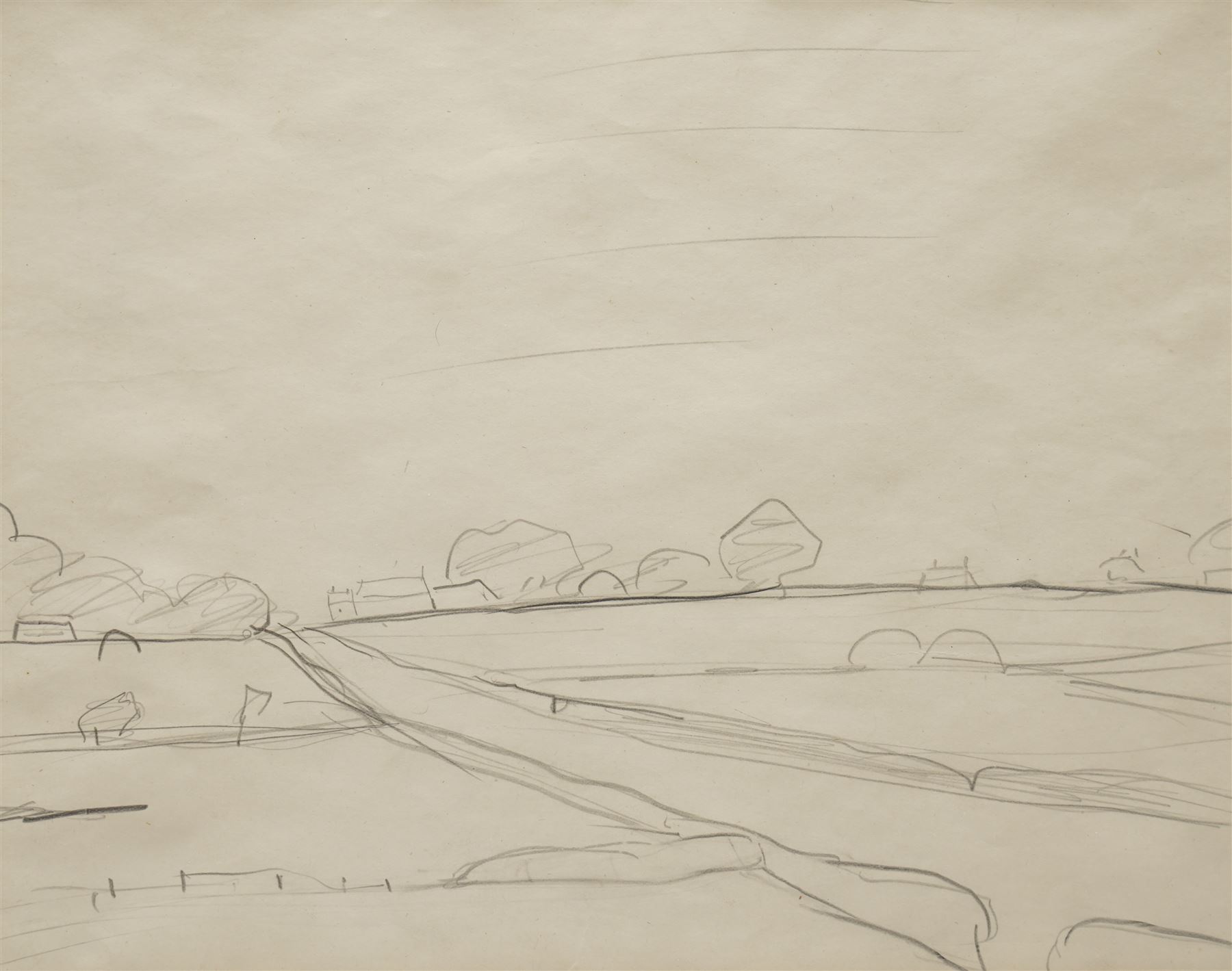 Laurence Stephen Lowry RBA RA (Northern British 1887-1976): 'A Country Road' pencil sketch signed with initials and dated 'L S L/3rd April 1961' verso 19cm x 24cm
Provenance: Professor H. B. Maitland; by descent to Mrs. M. Dickie; sold at Sotheby’s, London (16 March 1977, lot 108); later sold at Bonhams, London (18 November 2005, lot 26); sold at Bonhams, London (Modern British and Irish Art, 20 November 2019); acquired at the latter sale by the present owner.