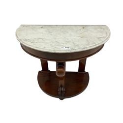 Victorian mahogany and marble demi-lune console table, moulded white and grey veined marble top, on cabriole support carved with paw, demi-lune undertier over compressed bun feet 