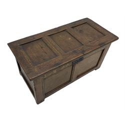 Small 18th century oak blanket box, all-round panelling, hinged lid, wrought metal hinges