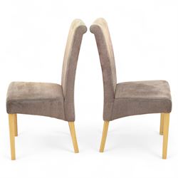 Oak Furnitureland - Pair of contemporary upholstered dining chairs, with high tapering backs and padded seats in taupe brown microfibre fabric, raised on solid oak square section legs
