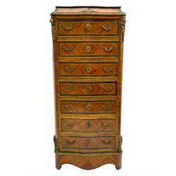 Mid-20th century Louis XVI design Kingwood and walnut secretaire à Abattant, shaped serpentine form with dark rouge variegated marble top, the fall front disguised as three drawers enclosing birdseye maple interior with shelf, drawers and writing surface, four functioning drawers below, decorated with cast gilt metal mouldings and mask cartouches, on skirted base with egg and dart moulded gilt metal edge