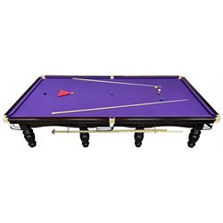 Riley - full-sized 12' x 6' slate bed snooker table, mahogany frame with purple baize, raised on turned and fluted baluster supports, recently refurbished; together with, cues, scoreboard, cover, snooker and pool balls