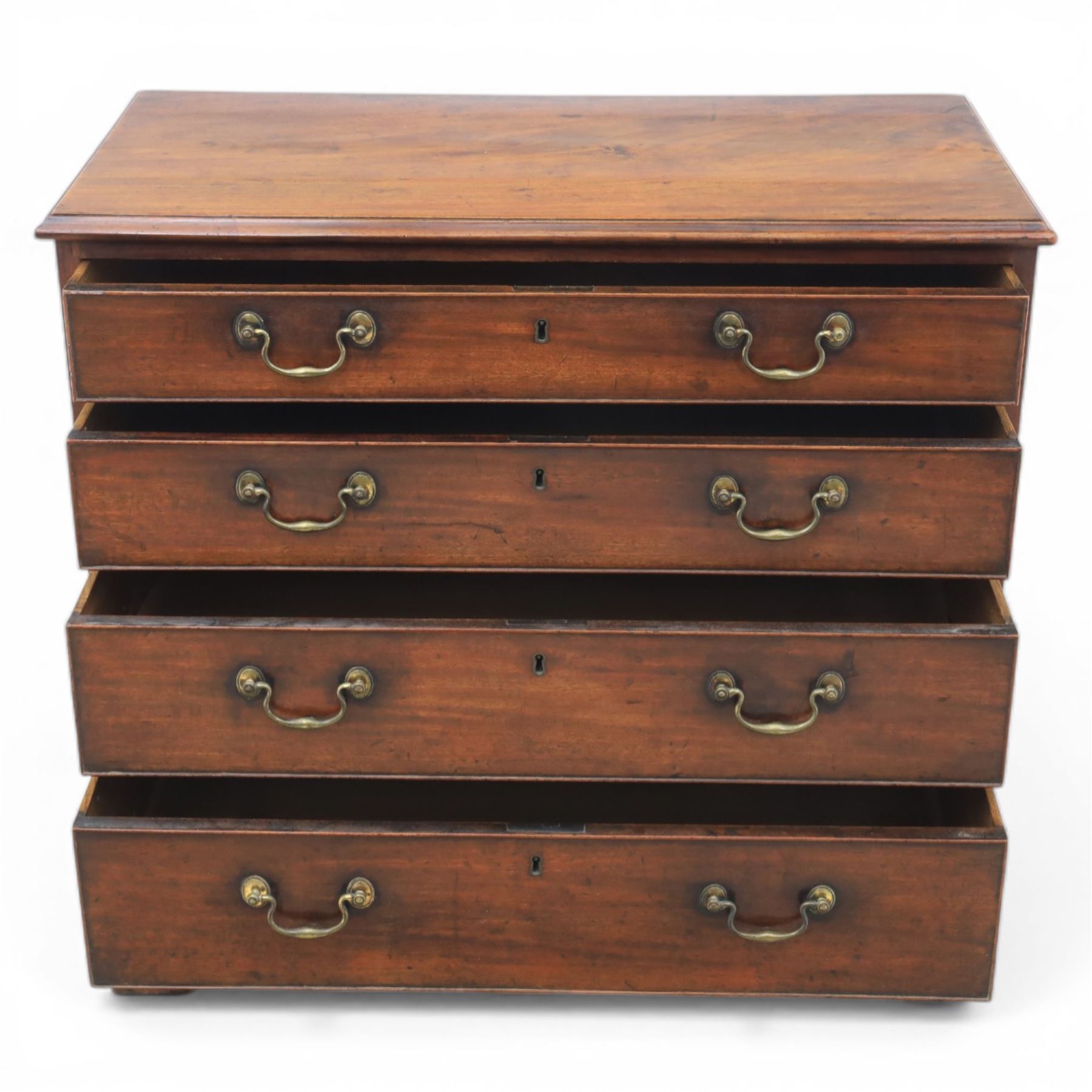 George III mahogany chest, fitted with four graduating drawers, rectangular flamed mahogany top with moulded edge, above four graduated drawers with brass swan neck handles, raised on bracket feet