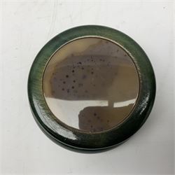 Green wooden box, with a brown agate slice to the lid, H5cm, D12cm