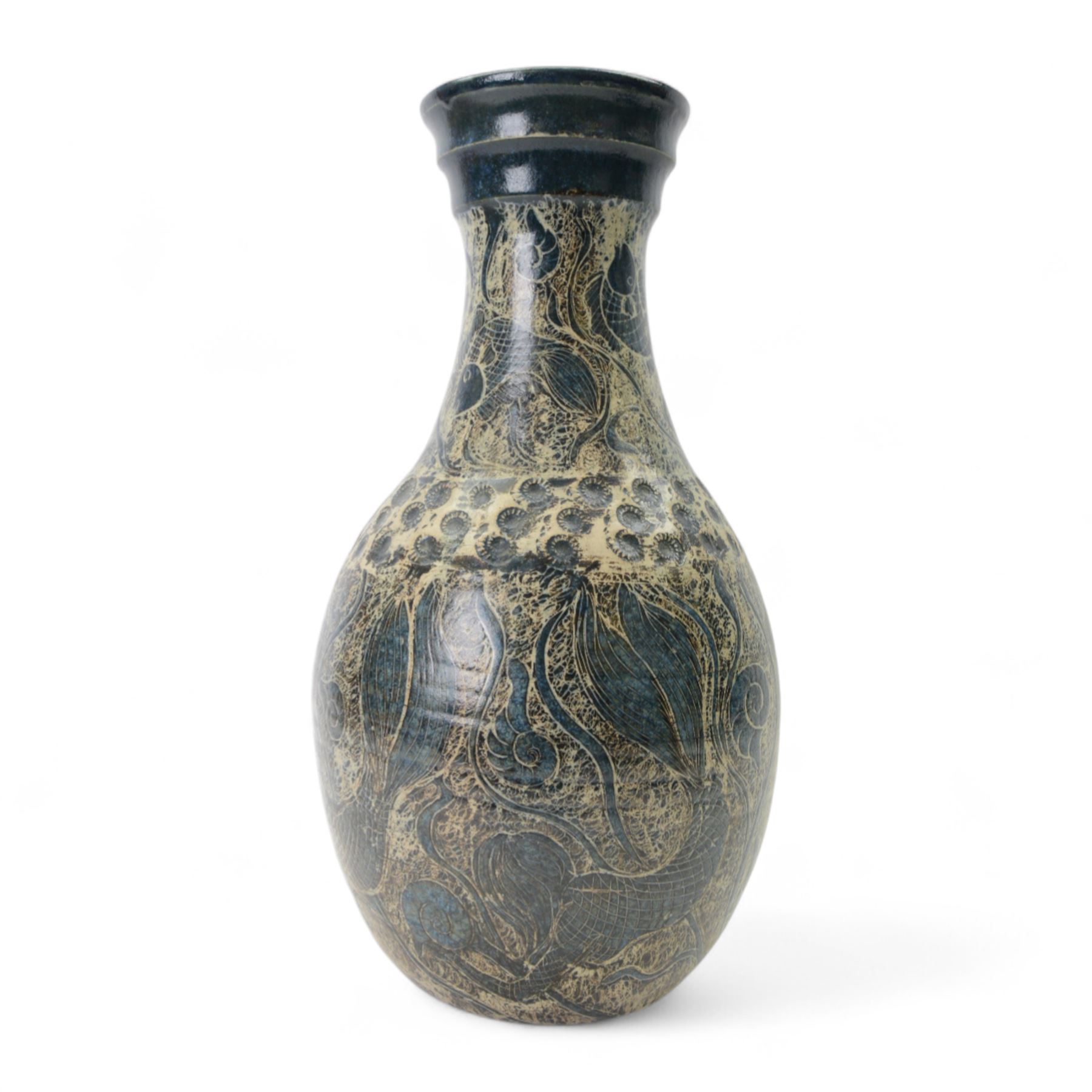 John Egerton (c1945-2024): studio pottery stoneware vase of baluster form, decorated with fish, mermaids and ammonites upon a blue ground, H56cm 