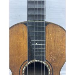 19th century Continental parlour guitar for restoration or display, with maple back and sides,  spruce top, scalloped neck and bone pegs; bears inset plaque to head 'Lapaix Paris 1830' and 'John Eastwood Teacher of the Guitar' paper label with manuscript note 'Fine Old Guitar Restored 1888 by JCB Leeds' L92cm