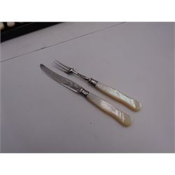 1930s silver mother of pearl handled fruit knives and forks, the blades and prongs hallmarked Z Barraclough & Sons Ltd, Sheffield 1935, the silver ferrules hallmarked Sutherland & Roden, Sheffield 1918, within tooled leather silk and velvet lined fitted case