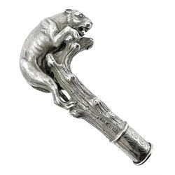 Victorian silver walking cane handle, modelled as a panther upon a tree branch, hallmarked London 1851, maker's mark worn and indistict