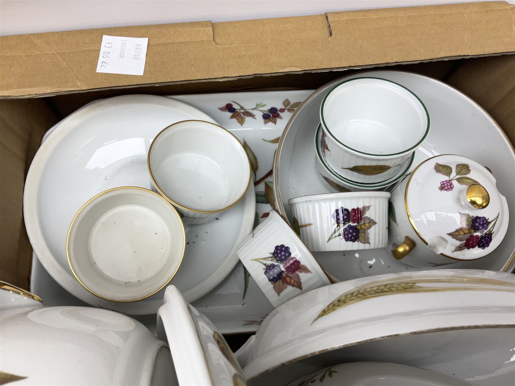 Royal Worcester Evesham pattern dinner wares, to include covered tureens, open dishes, sauce boat, cake stand etc, in two boxes 