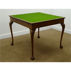  19th century figured walnut card table, egg and dart detailing, green baise inside, shell carved cabriole legs with ball and claw feet, W93cm, H77cm, D90cm  