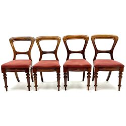 Set four Victorian mahogany balloon back dining chairs, upholstered seat, turned tapering supports