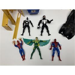 Group of early 90s Marvel/DC Comics toys; 1993 Kenner Batmobile with original Batman figure and plane; Marvel Comics Spider-Man 1994 Web of Steel series Hobgoblin Wing Bomber, incomplete Daily Bugle Playset and Scorpion; assorted figurines and later accessories 