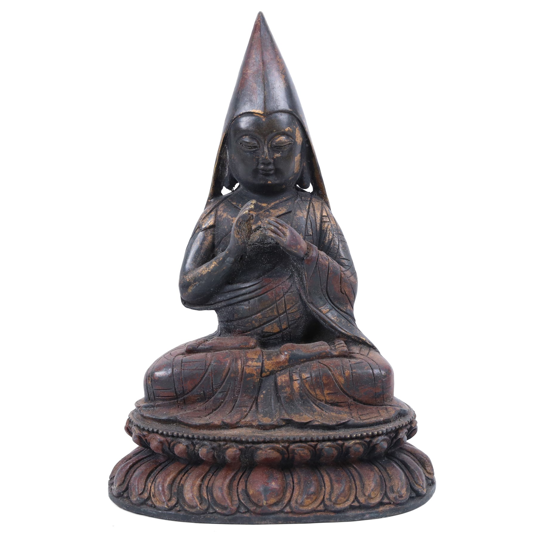 20th century bronzed Tibetan figure Tsongkhapa, seated upon a double lotus leaf, H30cm