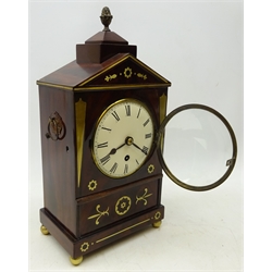  Small William lV brass inlaid mahogany architectural cased mahogany bracket clock with 12cm circular Roman dial, single fusee movement, case with brass pineapple finial, ring handles and bun feet, H40cm, W20cm, D12.5cm  