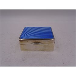 1930s silver mounted cigarette box, of rectangular form, with blue guilloche enamel sunburst decoration to hinged cover, opening to reveal a softwood lined interior, hallmarked William Neale & Son Ltd, Birmingham 1930, H4cm