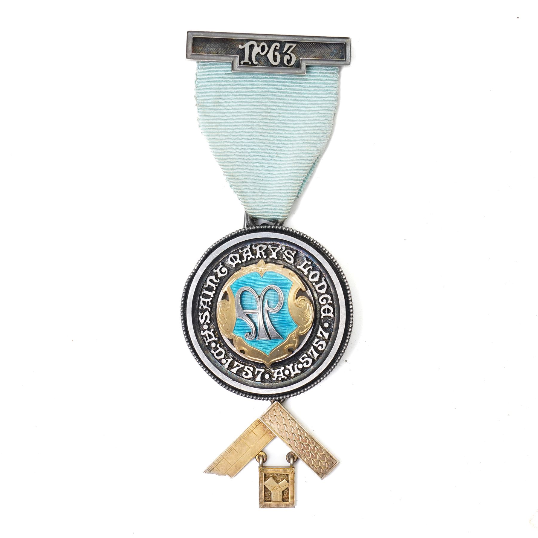 Silver gilt and enamel Past Masters masonic jewel by Spencer, London, to W. Bro. J.E.M. Ayoub, St Mary's Lodge, 1952, cased