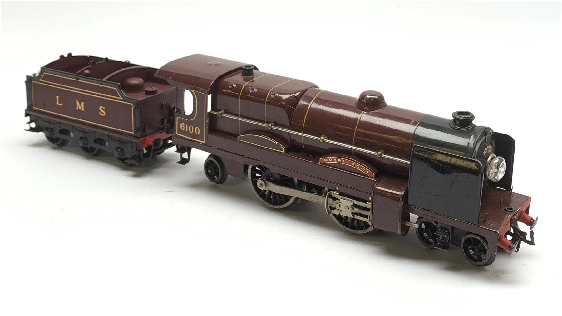 Hornby '0' gauge - three-rail electric 4-4-2 locomotive and tender 'Royal Scot' No.6100, fitted with smoke deflectors and light bulb to front of boiler, unboxed
