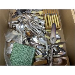 Set of four hallmarked silver teaspoons modelled on spoons from the Roman Imperial period, silver fork, and quantity of silver plated and other cutlery to include Walker & Hall, in two boxes