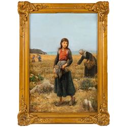 Eugene Francois Fines (French 1826-1882): Harvest Time, oil on canvas laid onto panel signed 54cm x 37cm