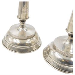 Pair of late 19th/early 20th century Austro-Hungarian 800 standard silver candlesticks, with tapering stems upon a domed base, stamped with Diana head with number 3 to the left, H33cm