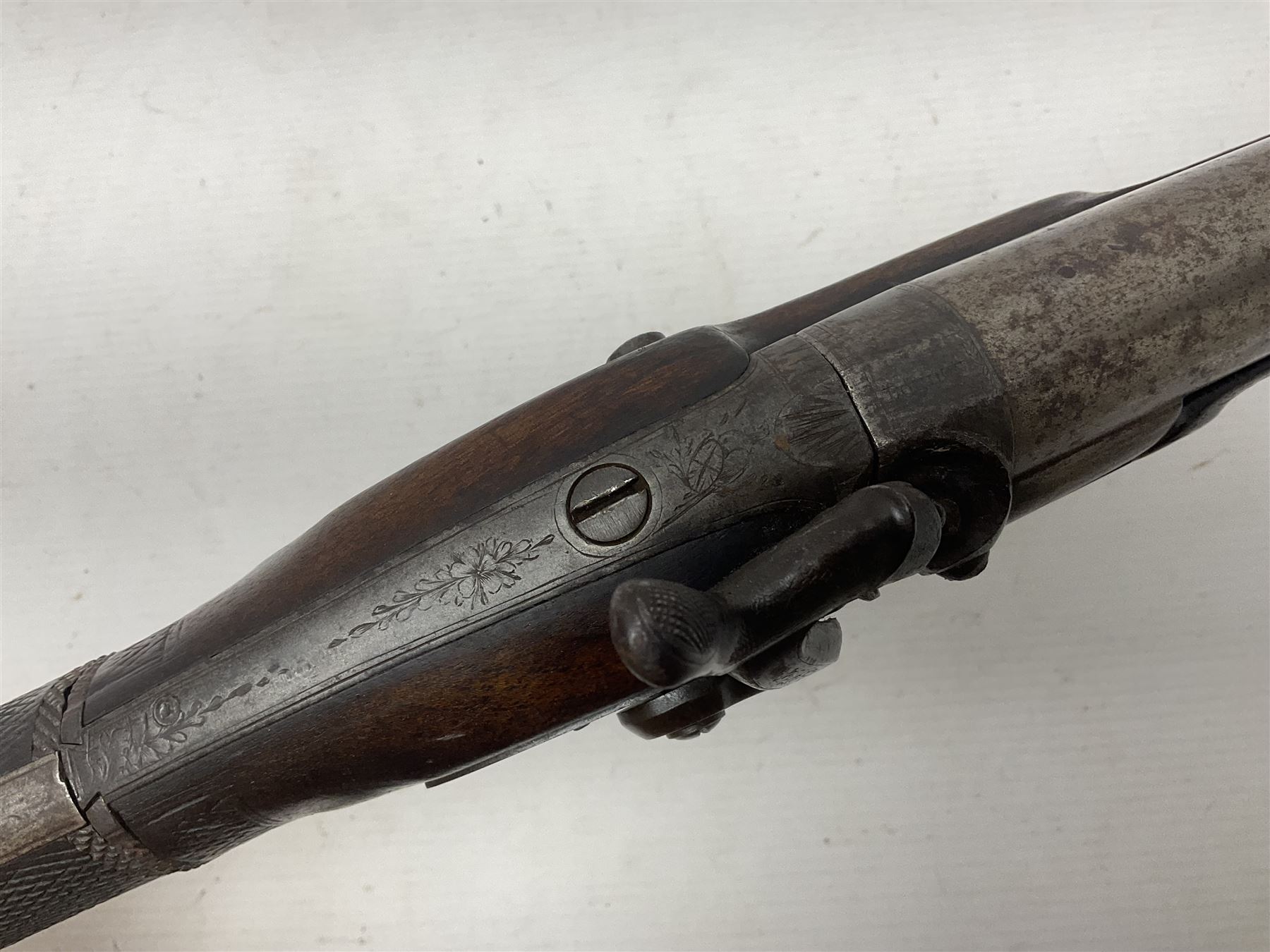 19th century take down 'cripple stopper' single barrel percussion gun, removable walnut stock with bayonet style fitting, chequered grip and fore-end, approximately 8-bore, the 59.5cm (23