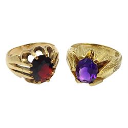 Two 9ct gold signet rings, one set with an amethyst, the other set with a garnet, hallmarked