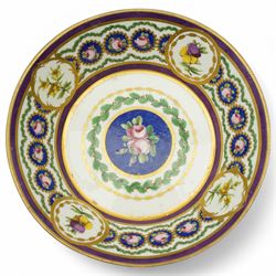 19th century Sevres type floral painted bowl with panels of flowers interspersed with small panels of pink rosebuds surrounded by trailing leaves D20cm with Sevres mark to base