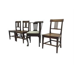 19th century corner armchair with drop-in seat, and three 19th century oak kitchen chairs