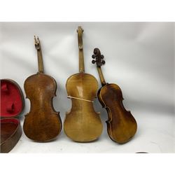 French violin for restoration with 36cm two-piece maple back and ribs and spruce top, bears label 'Lutherie Artistique M. Couturieux'; in wooden case; two modern three-quarter size violins in cases; and five violins for spares or repair