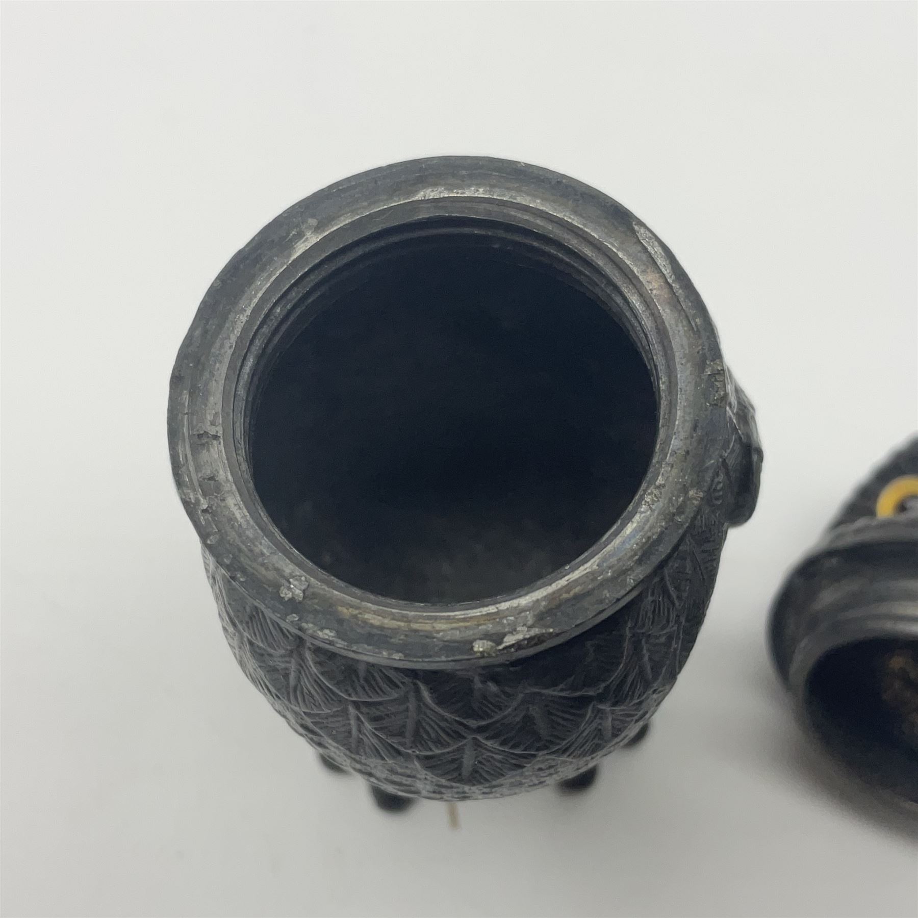 Novelty pewter pepper shaker in the form of an owl with screw off head and glass eyes