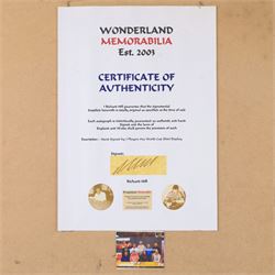 Signed 40th anniversary 1966 England World Cup shirt, signed by Gordon Banks, George Cohen, Ray Wilson, Jack Charlton, Alan Ball, Nobby Stiles, Roger Hunt, Martin Peters and Geoff Hurst, framed with certificate of authenticity from Richard Hill verso, frame H91cm