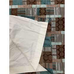 Pair lined curtains, patchwork pattern fabric in blue and brown tones, decorated with stripes and swirled motifs