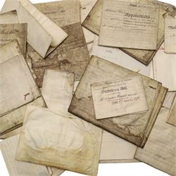 York interest - collection of 18th and 19th century vellum indentures, wills, probate documents and related papers concerning central York properties, streets and residents, including Micklegate, The Shambles, Bootham, Fishergate, Walmgate, Monkgate and Goodramgate, with probate of John Ealand, formerly of The Shambles, York, butcher, later of Swan Street, Nunnery Lane, probate of Roger Iddison of No.8 Portland Street, York, auctioneer, probate of Eliza Nottingham of Bootham Asylum, formerly of St Paul’s Square, together with documents relating to butchers, farmers, tradespeople and York families, many retaining original seals and stamps, in one box