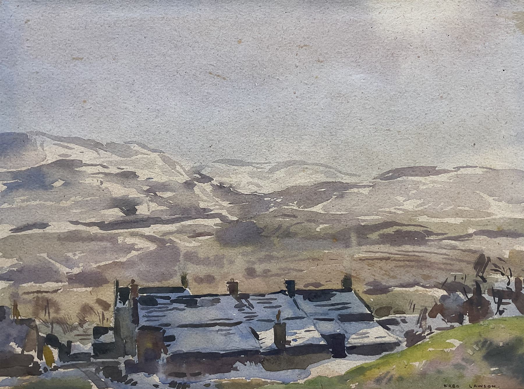 Frederick (Fred) Lawson (British 1888-1968): 'Castle Bolton - Looking in the direction of West Burton across Wensleydale', watercolour signed, titled on label verso 28cm x 37cm 