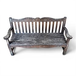 Teak garden bench, wavy shaped rail and slatted seat, with matching coffee table (2)