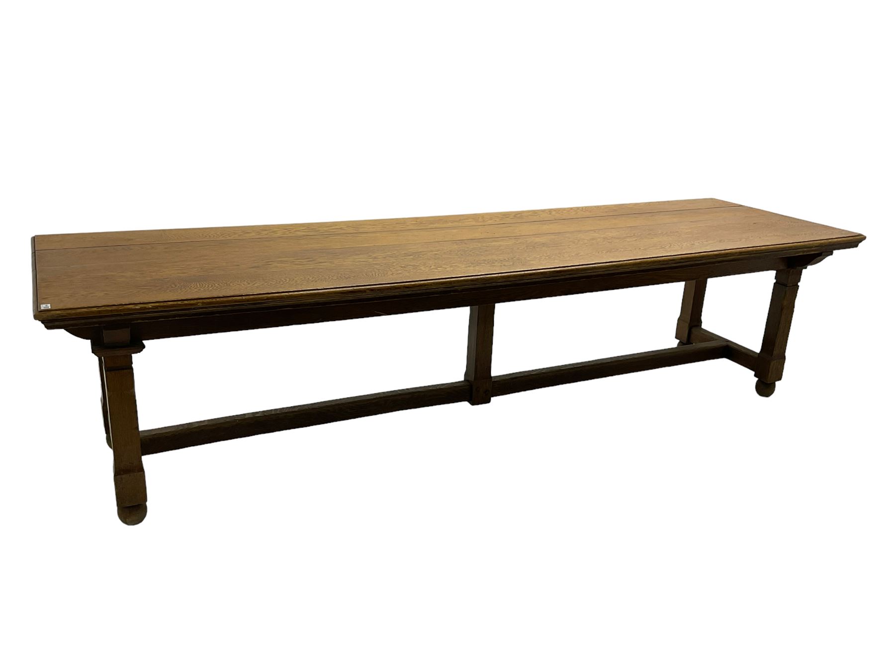 Large 19th century oak ecclesiastical refectory table, the moulded rectangular top on square supports joined by H stretchers with central upright support