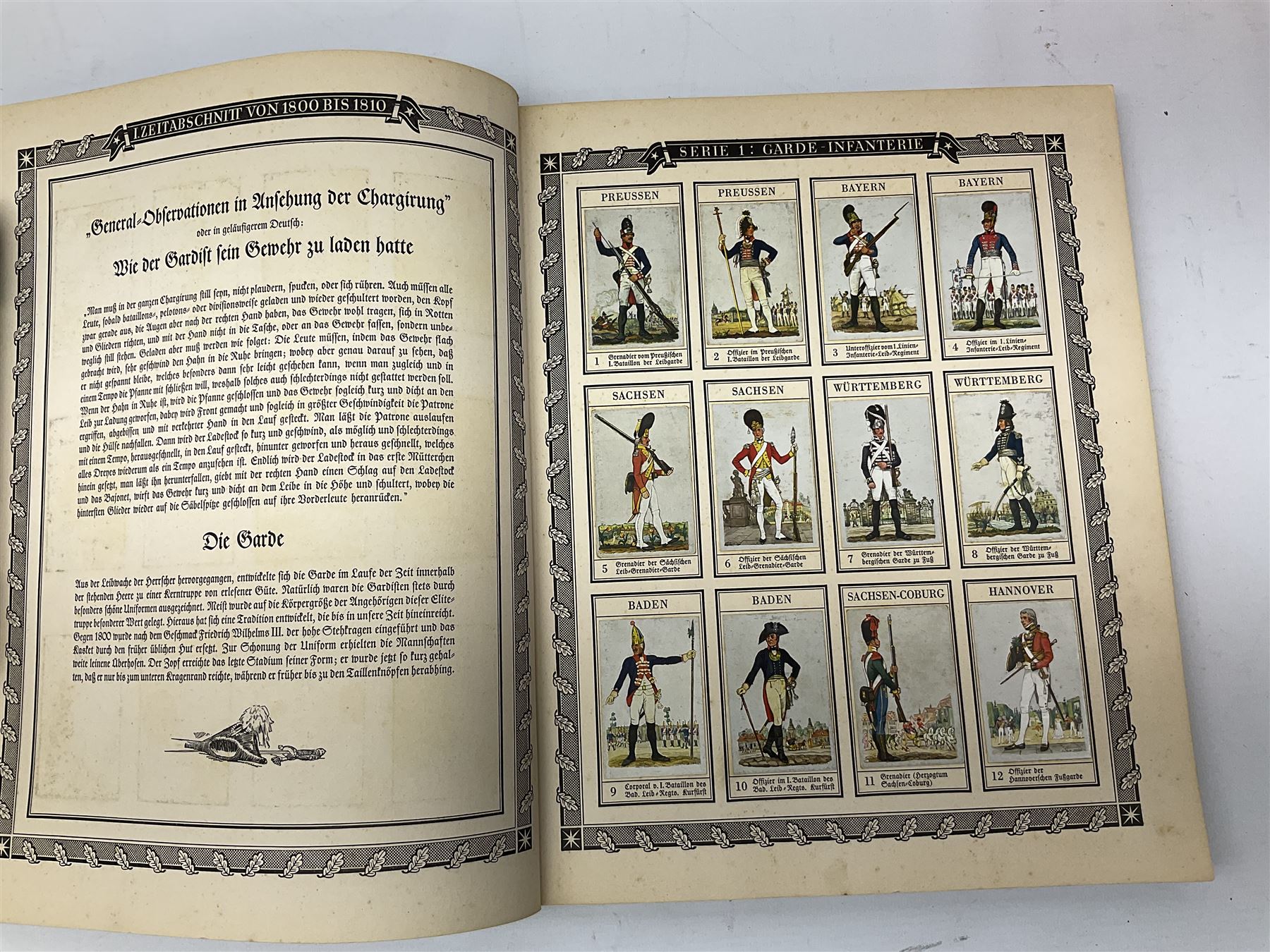 Magnus Laurie: The West Riding Territorials in the Great War. 1920: German Haus Neuerburg cigarette card album entitled Der Bunte Rock depicting 19th century military uniforms; French Chocolat Aiglon trade card album including some military costumes; and a cigarette card album, some of military interest (4)