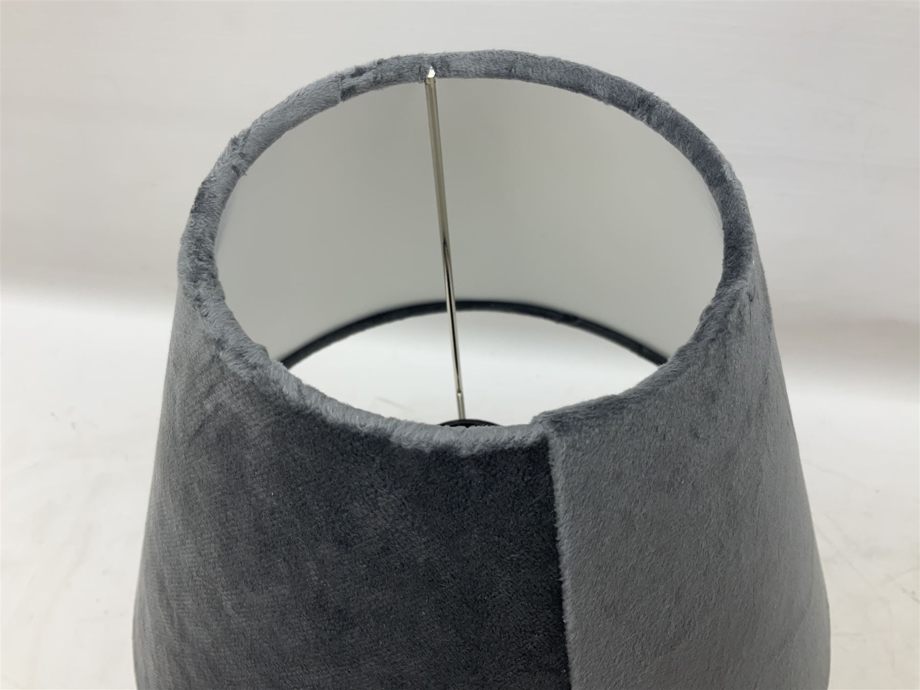 Silver composite table lamp, modelled as a pair of boxing hares, with a grey velvet shade, H45cm