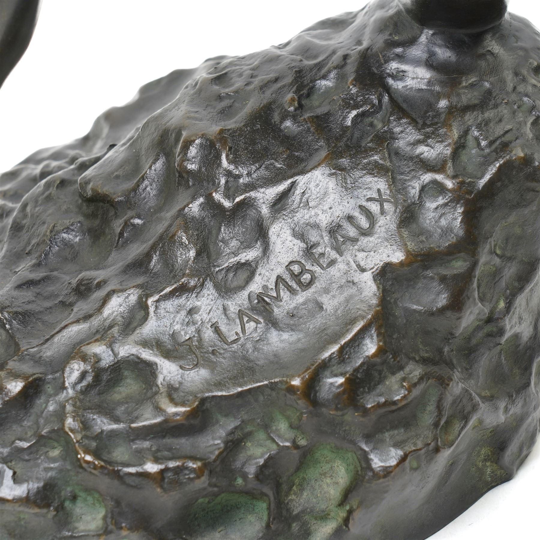 After Jef Lambeaux (Belgian 1852-1908): 'The Wrestlers' (Les Lutteurs), early 20th-century bronze group depicting two Hellenic classically nude male figures engaged in a violent athletic struggle or pankration event, on a naturalistic base signed, H63cm
Notes: the composition may plausibly be interpreted as Hercules and Antaeus, the mythological combat in which Hercules overcomes Antaeus by lifting him from the earth, thereby depriving him of his strength
