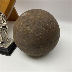 Parachute regiment - chrome crest on oak easel shield; three cloth badges; small silver plated figure; and pin badge; together with 10cm diameter cannon ball etc