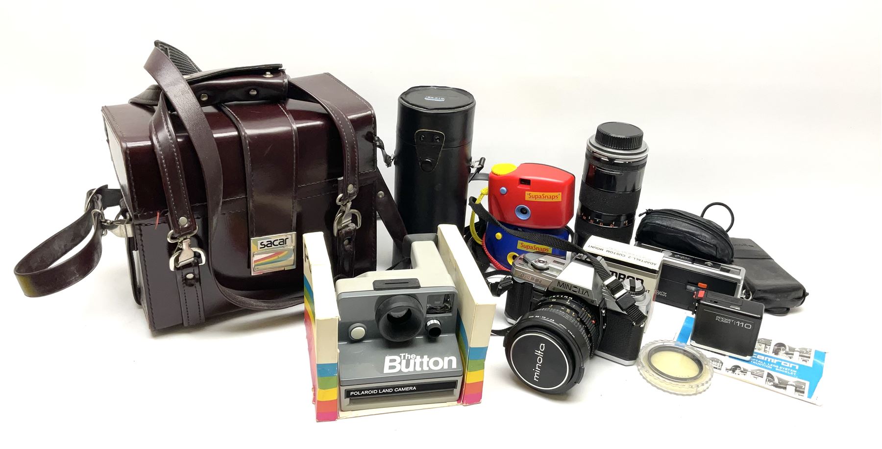 Vintage and later cameras and accessories including Minolta X-300 in carry bag, Tamron lens etc