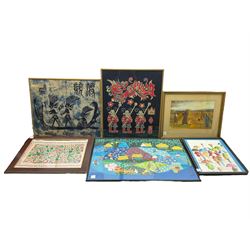 Two contemporary Indian batiks, two similar gouaches, and a collection of watercolours (qty)
